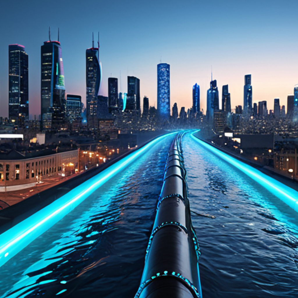 A futuristic, intricate underground water pipeline network in a smart city. Thousands of glowing IoT sensors are embedded along the pipes, emitting streams of real-time data visualized as radiant blue and cyan light. The pipes appear semi-transparent, allowing a view of the clean, flowing water. Above ground, a modern, bustling city skyline. The overall atmosphere is high-tech and efficient, emphasizing the "invisible helpers" and the digital pulse of the urban water artery.
