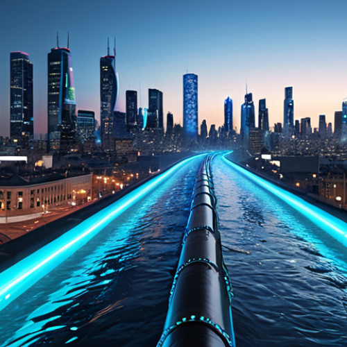 Home 13 A futuristic, intricate underground water pipeline network in a smart city. Thousands of glowing IoT sensors are embedded along the pipes, emitting streams of real-time data visualized as radiant blue and cyan light. The pipes appear semi-transparent, allowing a view of the clean, flowing water. Above ground, a modern, bustling city skyline. The overall atmosphere is high-tech and efficient, emphasizing the "invisible helpers" and the digital pulse of the urban water artery.