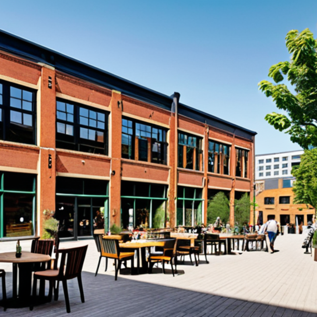 **Prompt:** A vibrant, mixed-use urban landscape showcasing a revitalized former factory. The building features exposed brick, large windows, and modern loft apartments. Street level includes trendy cafes with outdoor seating, artisan shops, and pedestrian walkways bustling with people. Incorporate lush green spaces with trees and public art installations. The overall atmosphere is energetic, sustainable, and community-focused, illustrating successful urban regeneration by URC. Style: Photorealistic, warm lighting.