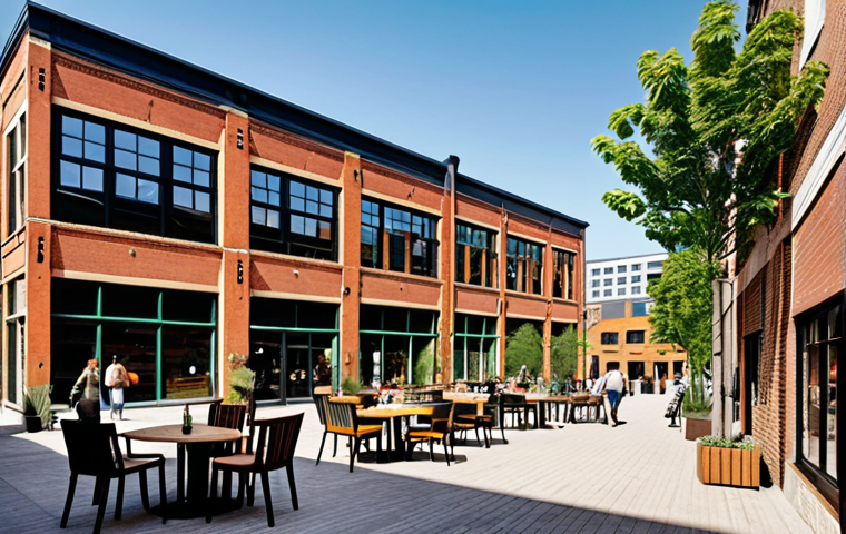 **Prompt:** A vibrant, mixed-use urban landscape showcasing a revitalized former factory. The building features exposed brick, large windows, and modern loft apartments. Street level includes trendy cafes with outdoor seating, artisan shops, and pedestrian walkways bustling with people. Incorporate lush green spaces with trees and public art installations. The overall atmosphere is energetic, sustainable, and community-focused, illustrating successful urban regeneration by URC. Style: Photorealistic, warm lighting.