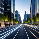A bustling, futuristic smart city street scene at dusk, featuring sleek, automated vehicles gliding along illuminated lanes. Modern, energy-efficient skyscrapers with integrated solar panels glow in the background. Pedestrians, fully clothed in contemporary and professional attire, are walking on smart sidewalks with interactive digital displays. The atmosphere is dynamic and efficient, showcasing advanced urban planning. The image should convey a sense of progress and sustainability, with perfect anatomy, correct proportions, natural poses, well-formed hands, and proper finger count. This is a professional photography, high quality image, safe for work, appropriate content, fully clothed, modest, family-friendly.