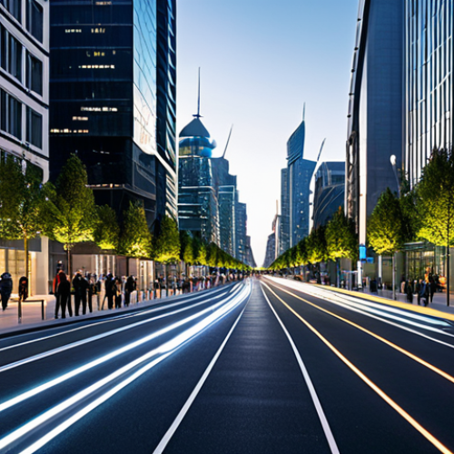 Home 19 A bustling, futuristic smart city street scene at dusk, featuring sleek, automated vehicles gliding along illuminated lanes. Modern, energy-efficient skyscrapers with integrated solar panels glow in the background. Pedestrians, fully clothed in contemporary and professional attire, are walking on smart sidewalks with interactive digital displays. The atmosphere is dynamic and efficient, showcasing advanced urban planning. The image should convey a sense of progress and sustainability, with perfect anatomy, correct proportions, natural poses, well-formed hands, and proper finger count. This is a professional photography, high quality image, safe for work, appropriate content, fully clothed, modest, family-friendly.