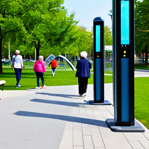 Home 18 A diverse group of people of all ages, including children, adults, and seniors, fully clothed in modest and appropriate attire, enjoying a vibrant, modern "smart park" in a city. The park features lush green spaces, clean pathways, interactive digital information kiosks with subtle glowing screens, comfortable benches, and dedicated areas for recreation and relaxation. Some individuals are engaged in light exercise like yoga or gentle walking, others are reading or conversing peacefully. Children are safely playing on a well-designed, family-friendly play structure in the background. The atmosphere is harmonious, bathed in natural light. perfect anatomy, correct proportions, well-formed hands, proper finger count, natural body proportions, natural pose, professional photography, high quality, safe for work, appropriate content, fully clothed, professional.