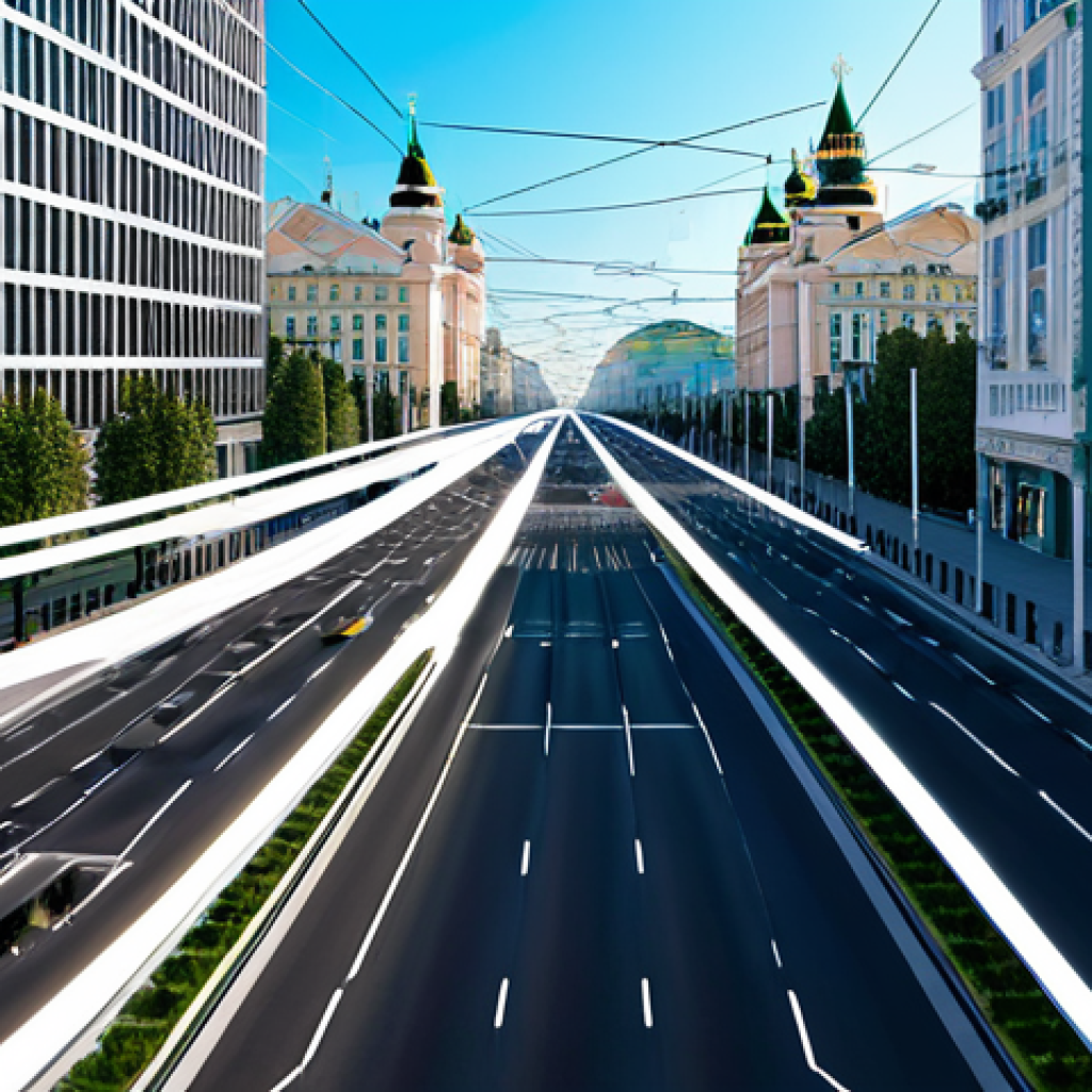 도시건축기법 사례 연구 - Smart Urban Integration in a Modern Russian City**
Prompt: "A high-angle, futuristic cityscape of a...