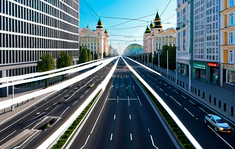 도시건축기법 사례 연구 - Smart Urban Integration in a Modern Russian City**
Prompt: "A high-angle, futuristic cityscape of a...