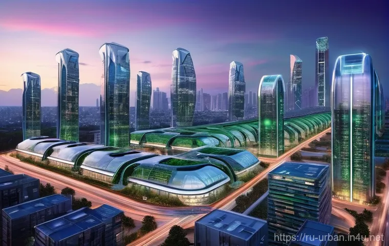 도시환경계획 - **A Neo-Futuristic Smart City at Twilight**
    A breathtaking, high-angle shot of a sprawling smart...