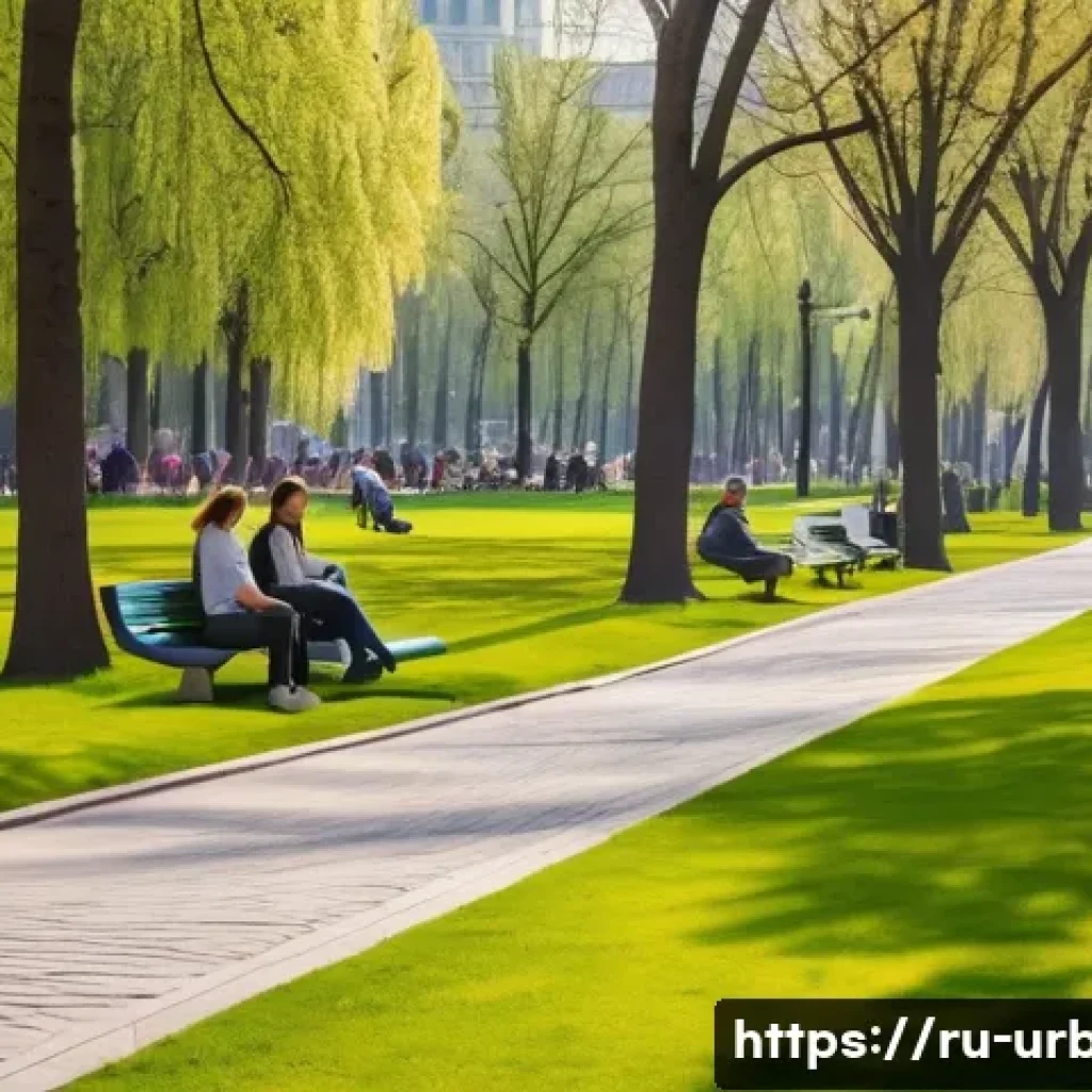 공공디자인 개념 - A vibrant urban park scene in Moscow&rsquo;s Gorky Park during springtime, featuring lush green trees and ...