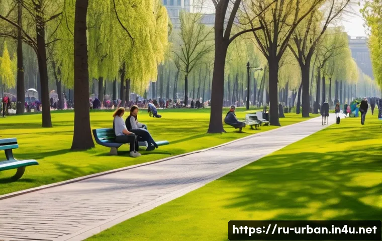 공공디자인 개념 - A vibrant urban park scene in Moscow&rsquo;s Gorky Park during springtime, featuring lush green trees and ...