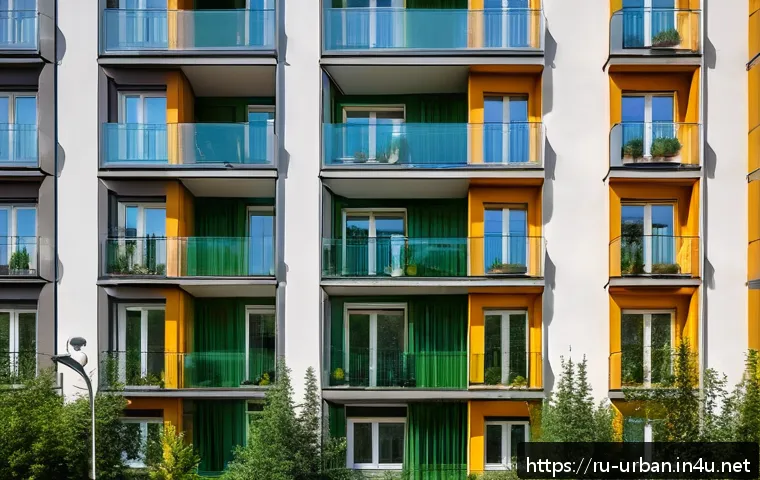 도시소음 저감 대책 - A modern Russian apartment building exterior during daytime, featuring newly installed high-quality ...