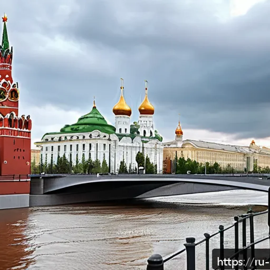 도시 홍수 관리 시스템 - A modern urban riverbank in Moscow during spring flood season, featuring smart water level sensors a...