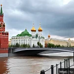 Home 19 도시 홍수 관리 시스템 - A modern urban riverbank in Moscow during spring flood season, featuring smart water level sensors a...
