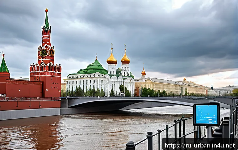 도시 홍수 관리 시스템 - A modern urban riverbank in Moscow during spring flood season, featuring smart water level sensors a...