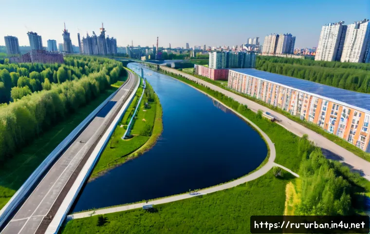 도시 스마트 워터 시스템 - Photorealistic aerial view of a modern Moscow residential district with a smart urban water system, ...